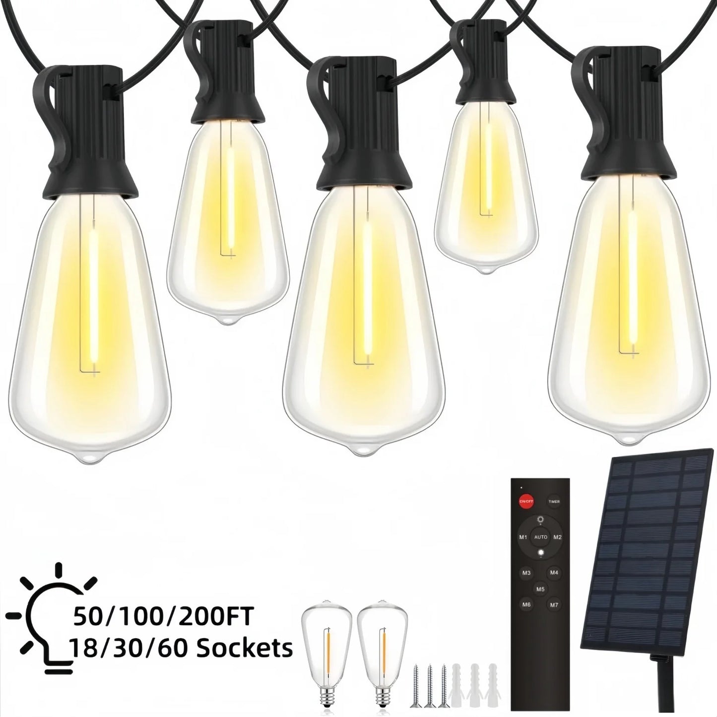 Solar Outdoor String Lights ST38 Patio Lights Waterproof for Porch, Deck, Garden, Backyard, Balcony, 2700K