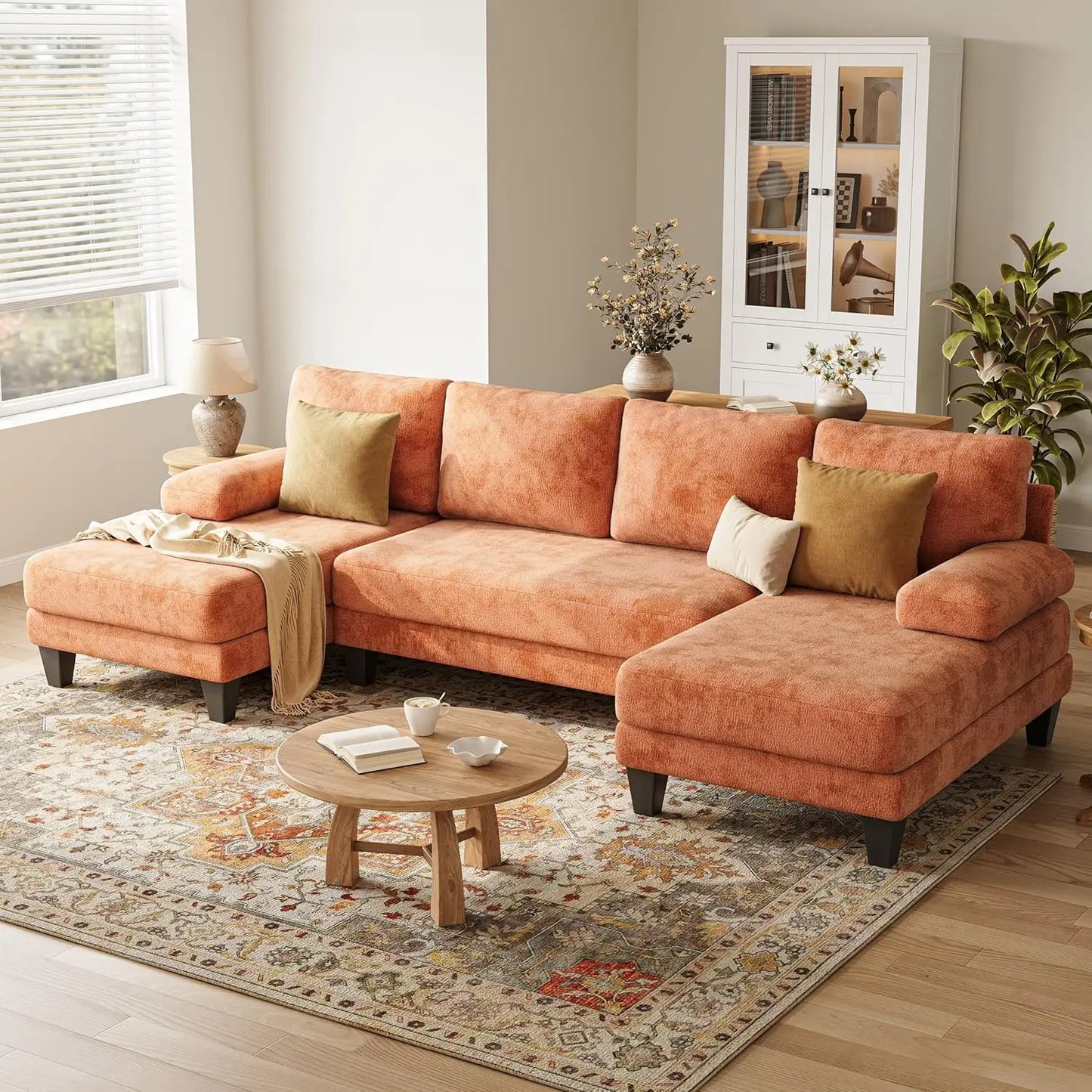 U Shaped Sectional Sofa With Double Chaise Chenille Living Room