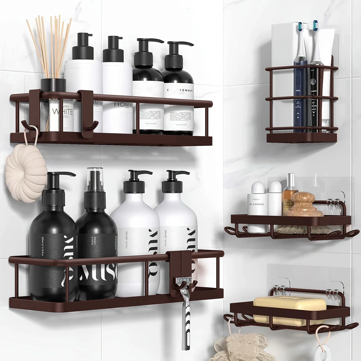 Shower Caddy Adhesive, No Drill Bathroom Shower Organizers, with Removable Hooks, Rust Proof Shower Shelves, Wall-Mounted Shower Holder