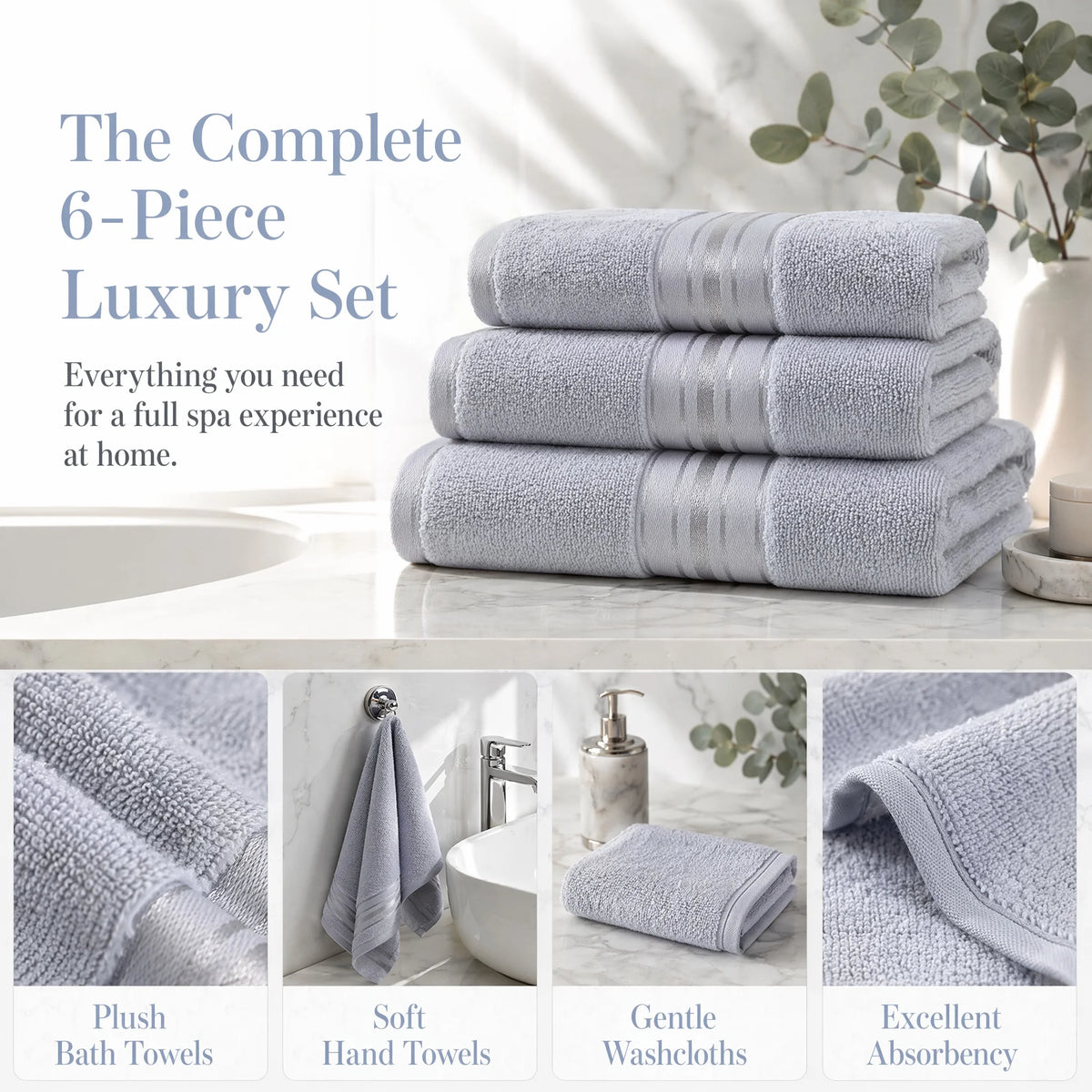 Luxury Six Piece Turkish Cotton Towel Set For Bathroom