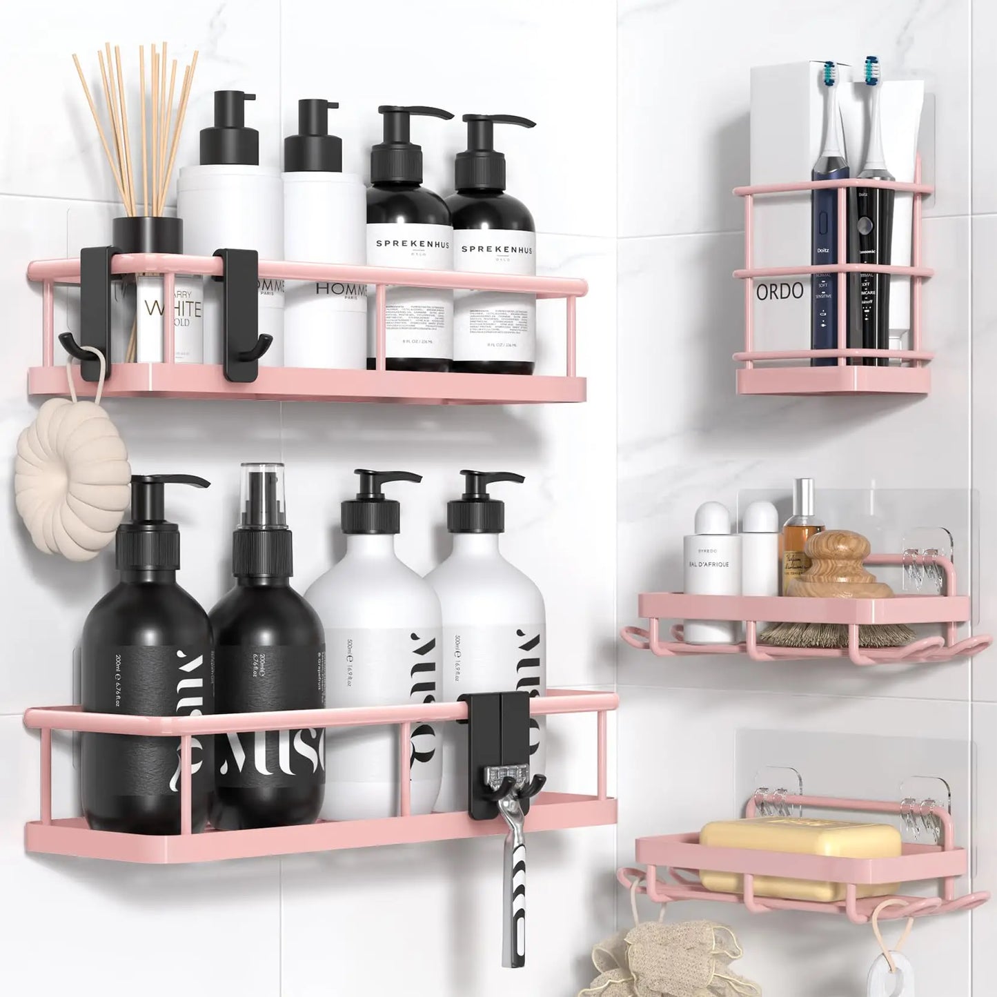 Shower Caddy Adhesive, No Drill Bathroom Shower Organizers, with Removable Hooks, Rust Proof Shower Shelves, Wall-Mounted Shower Holder