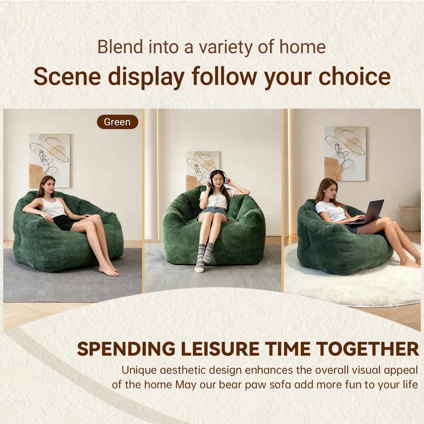 Premium Rabbit Fur Fabric Bean Bag Chair With Memory Foam