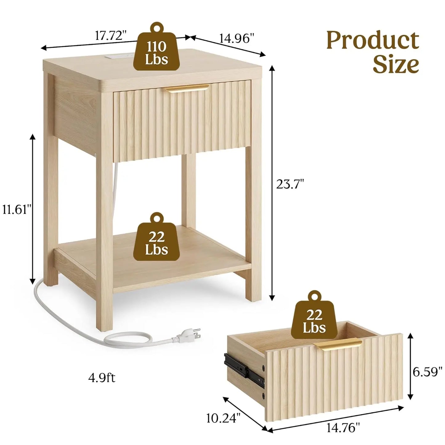 Night Stand Set 2, Fluted Nightstand with Charging Station, Wood Modern Bedside End Table with Storage Drawer for, Customized