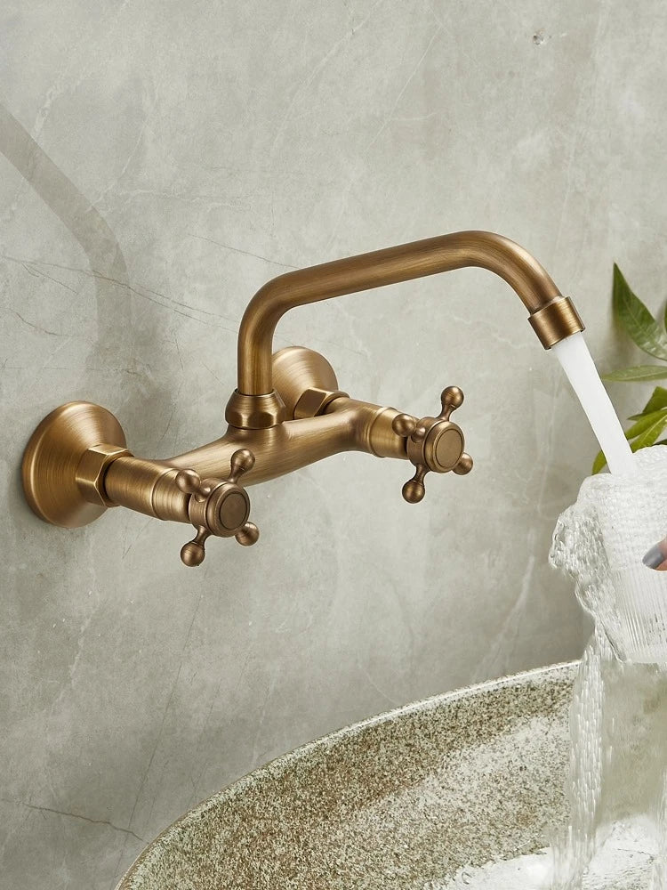 Brass Antique Wall Mounted Washbasin Faucets Double Handle Double Hole Rotatable Wall Mounted Retro Hot and Cold Faucet