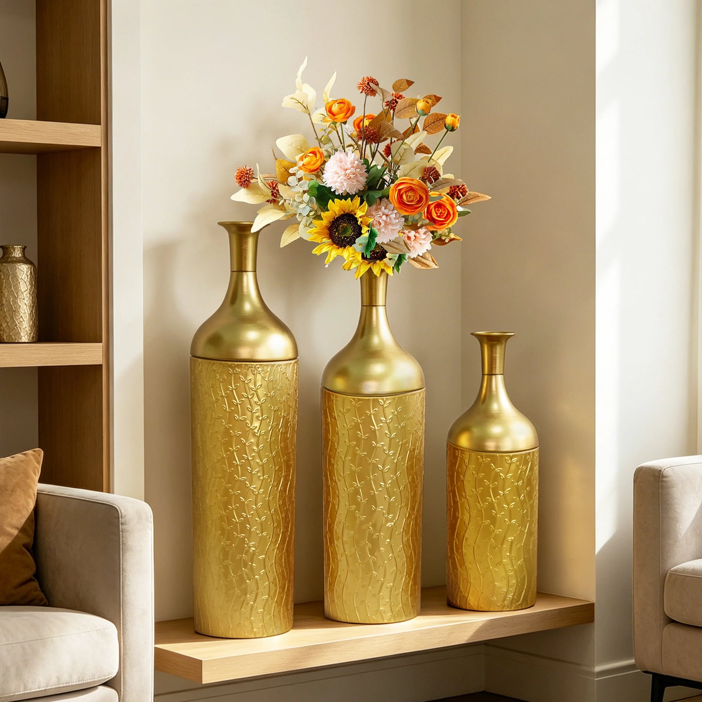 Modern White Metal Floor Vases Set of 3, Tall Gold Leaf Glazed Cylindrical Vase for Entryway Living Room Home Decor