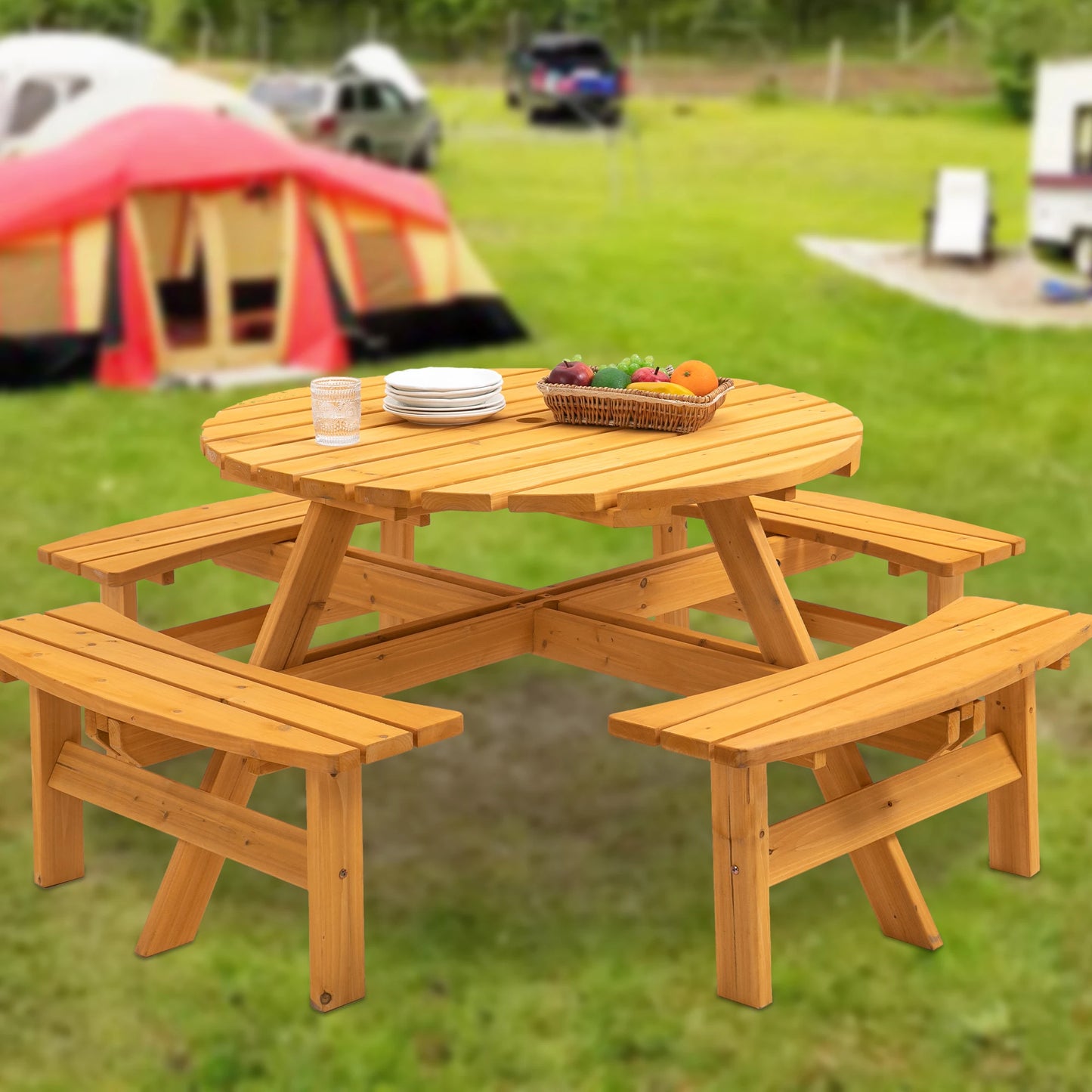 Solid Wood Round Outdoor Picnic Table Set with 4  Benches, Weather Resistant Patio Dining Furniture with Umbrella Hole for Garden Backyard Lawn BBQ Party