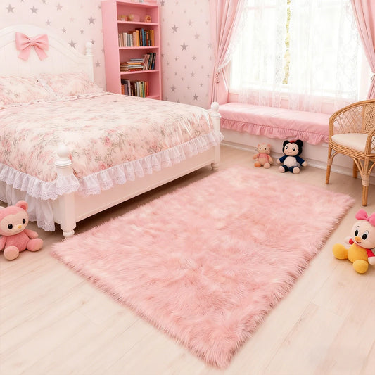 Pink Area Rugs 10x12 Fluffy Fuzzy Furry Rug for Girls Bedroom Living Room Faux Sheepskin Fur Shaggy Plush Rectangle rugs