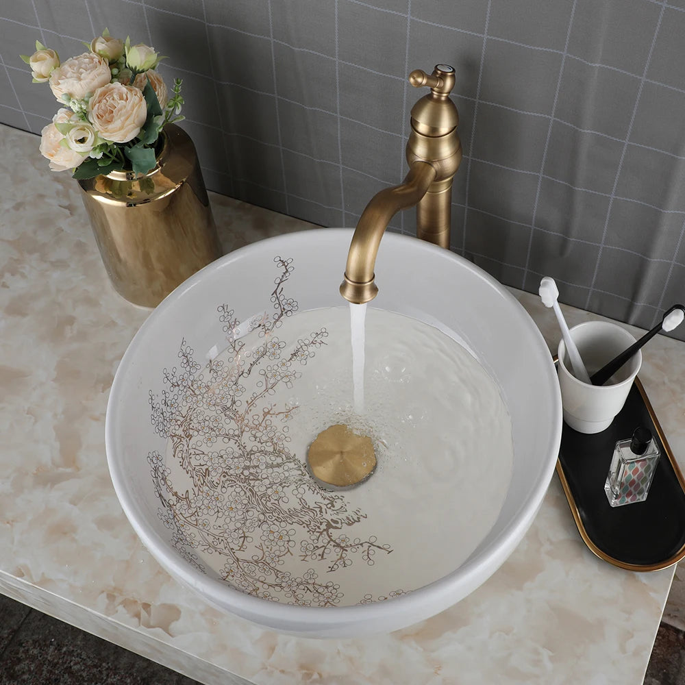 KEMAIDI Bathroom Ceramic Vessel Sinks White Round Porcelain Vessel Sink Counter Top Flower Bird Pattern Bowl Sinks for Bathrooms