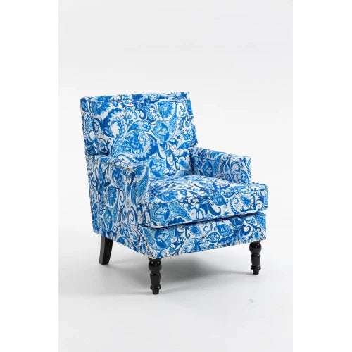 Upholstered Accent Chair, Vintage Armchair with Blue and white porcelain print Linen Fabric and Nailhead Trim for Living Room