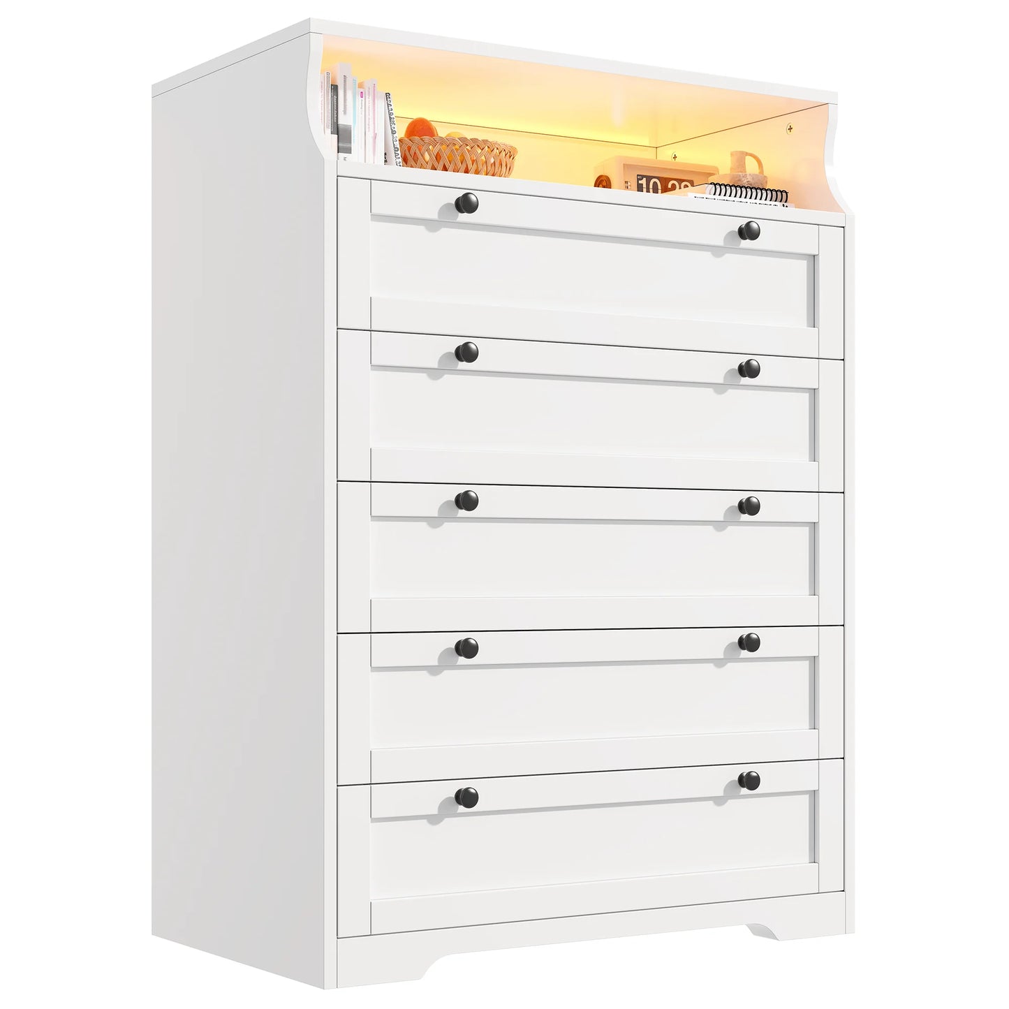 5 Drawer Dresser With LED Lights And Shelves For Bedroom