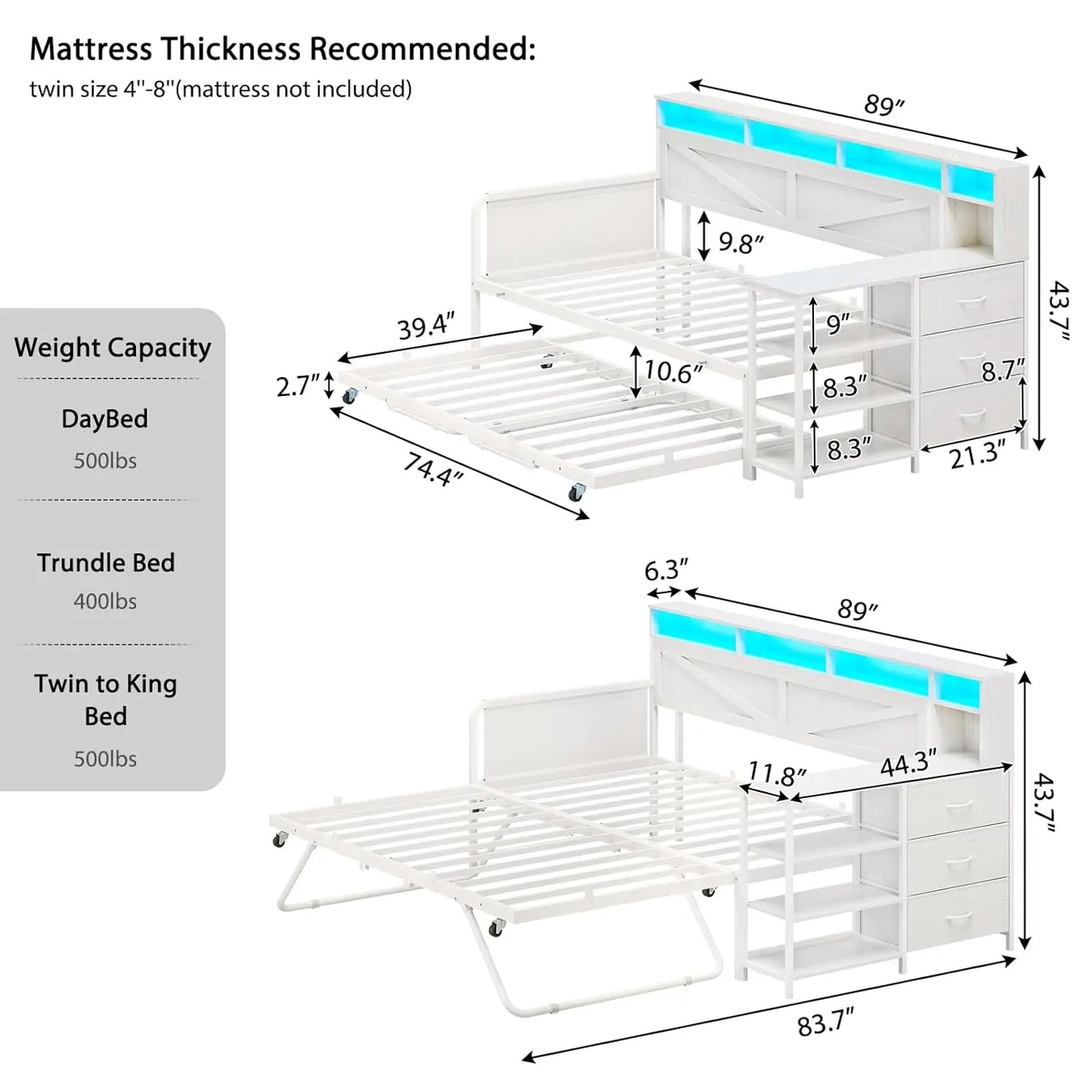 Folded Twin Daybed With Pop Up Trundle And Storage Drawers