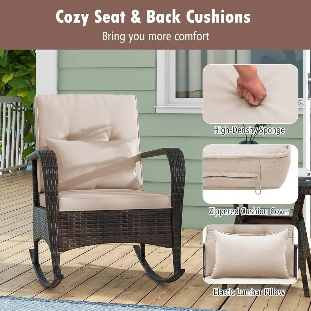 Outdoor Rocking Chairs Set o 2, 3 Piece PE Wicker Patio Bistro Set | Coee Table & Thick Cushions, Rattan Patio Rocker urniture o