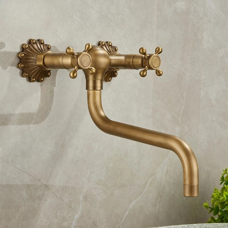 Brass Antique Wall Mounted Washbasin Faucets Double Handle Double Hole Rotatable Wall Mounted Retro Hot and Cold Faucet