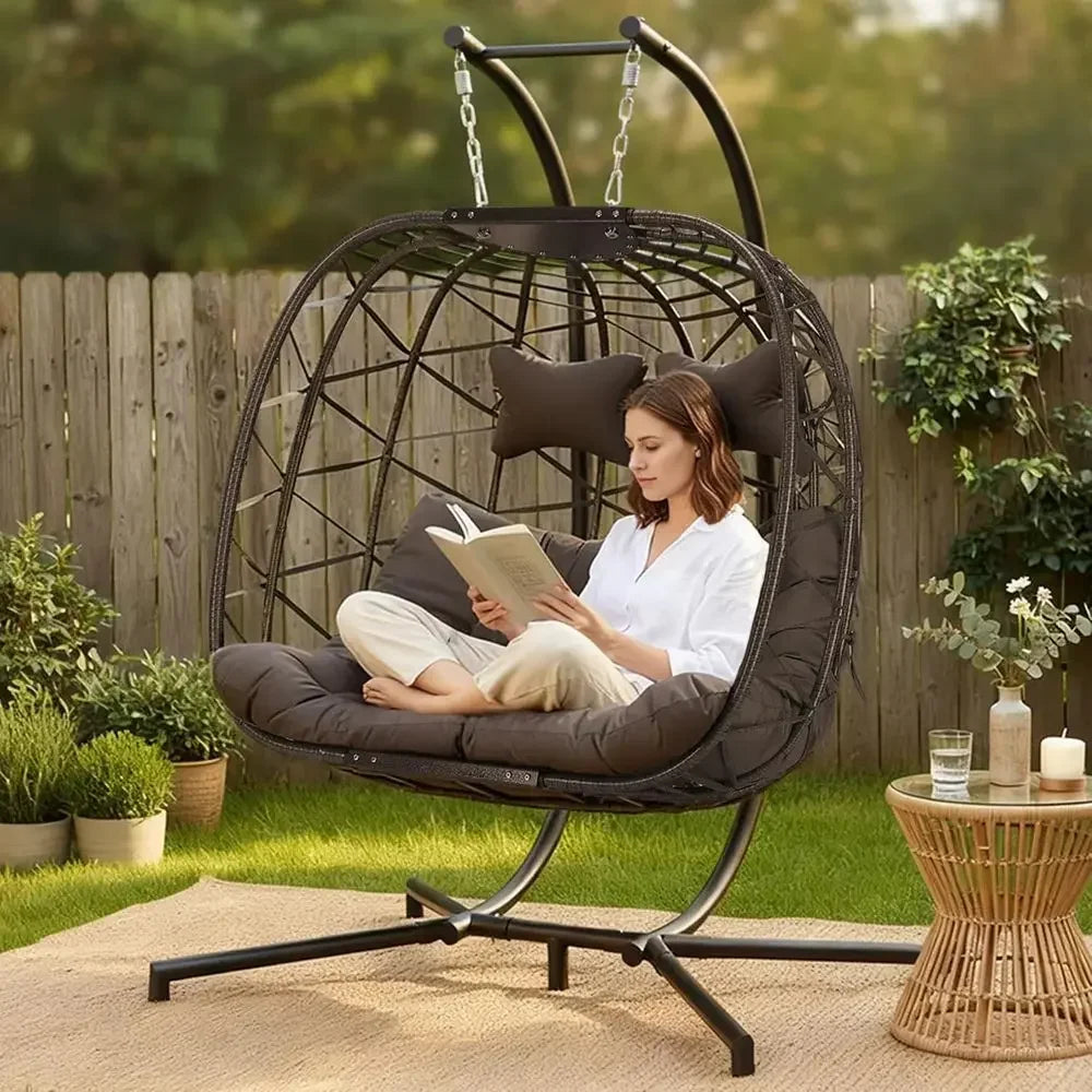 Oversized Outdoor Double Hanging Egg Chair with Stand, 700lbs Capacity, Comfortable Loveseat, Thick Cushion, Ideal for Patio or