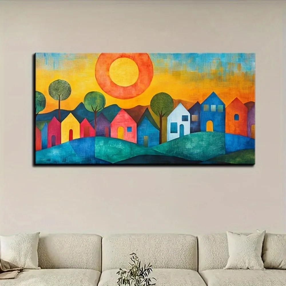 Abstract House Canvas Wall Art With Pine Wood Frame