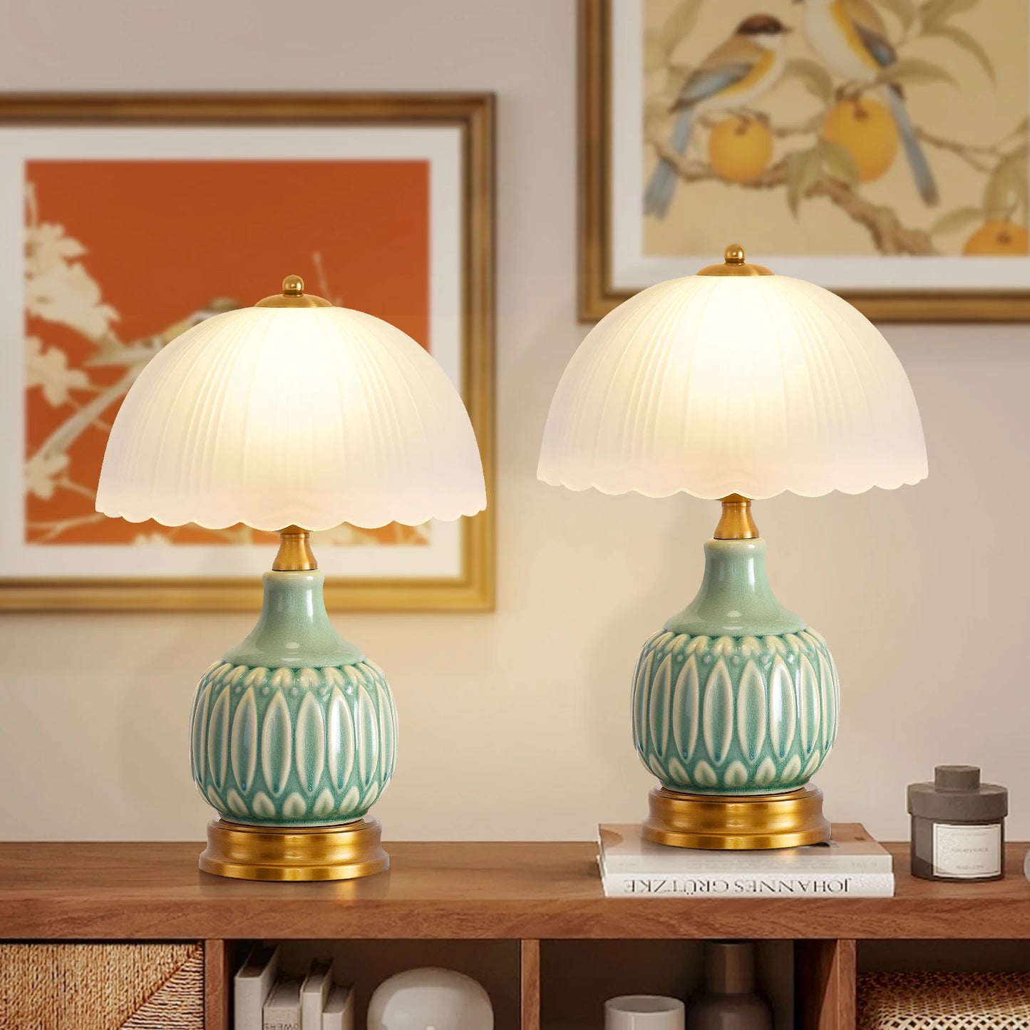 Retro Farmhouse Ceramic Bedside Table Lamp, Green Crackle Glaze Embossed Vase Lamp Body, Scalloped Pleated Frosted Glass Lampshade, 3 Color Temperature Dimmable Nightstand Lamp with Luxury Brass Fittings, Decorative Accent Li