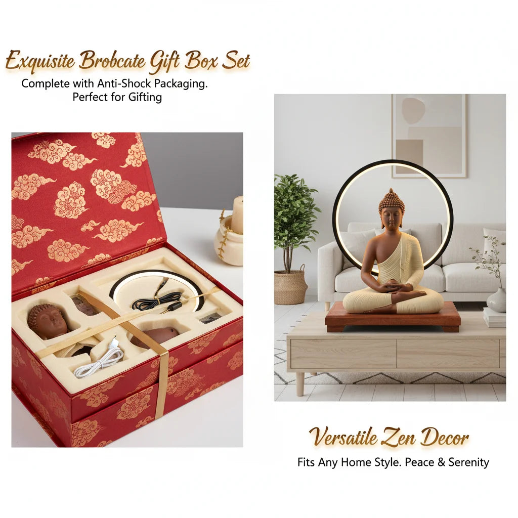 Ceramic Buddha Statue with LED Halo Ring Light, Amitabha Figurine on Wood Base, 6 Brightness Levels USB Powered, Meditation Home Decor, Purple Sand Yellow, 23x14x30cm