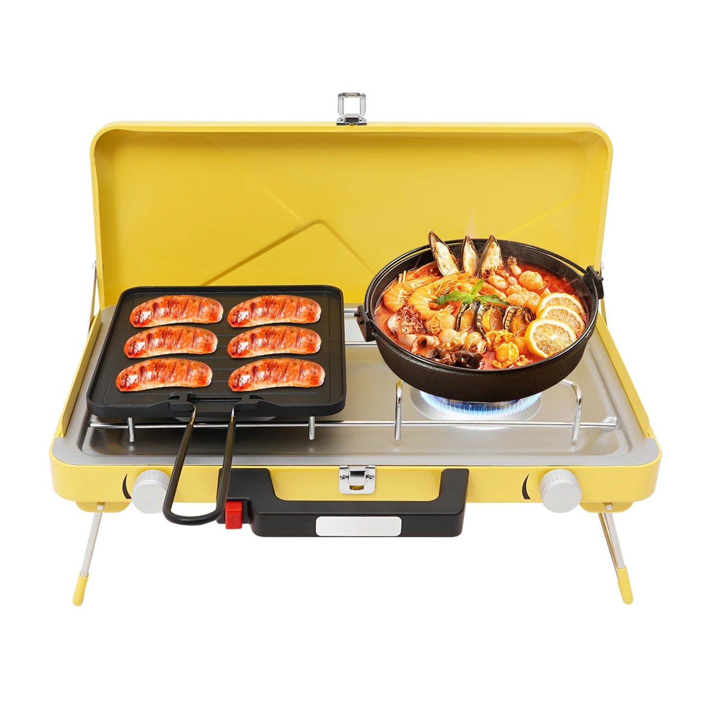 Portable Outdoor Gas Stove,Camping Stove 2 Burners 3500W with Windshield for Picnic,Camping,Family Dinner Yellow