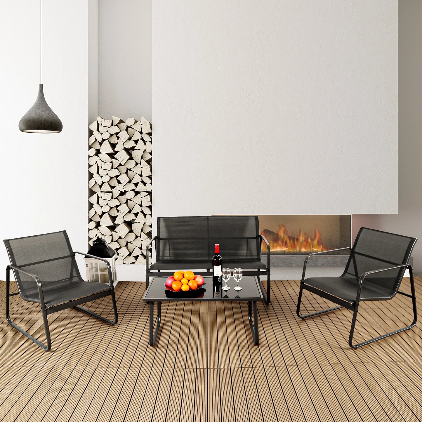 JHK Outdoor 4 Piece Patio Furniture Set with Metal Table