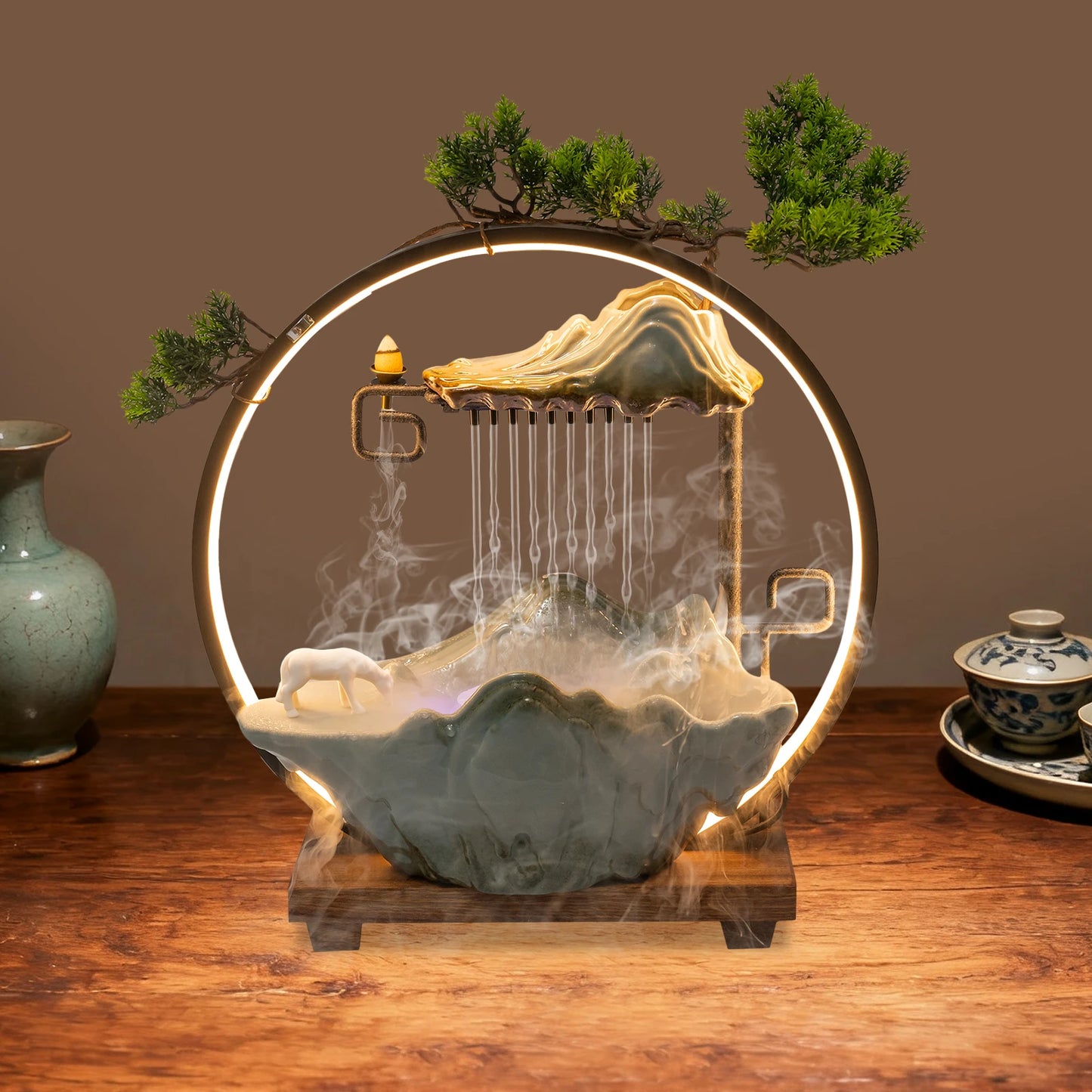 Indoor Tabletop Water Fountain With Mist Rockery LED Decor