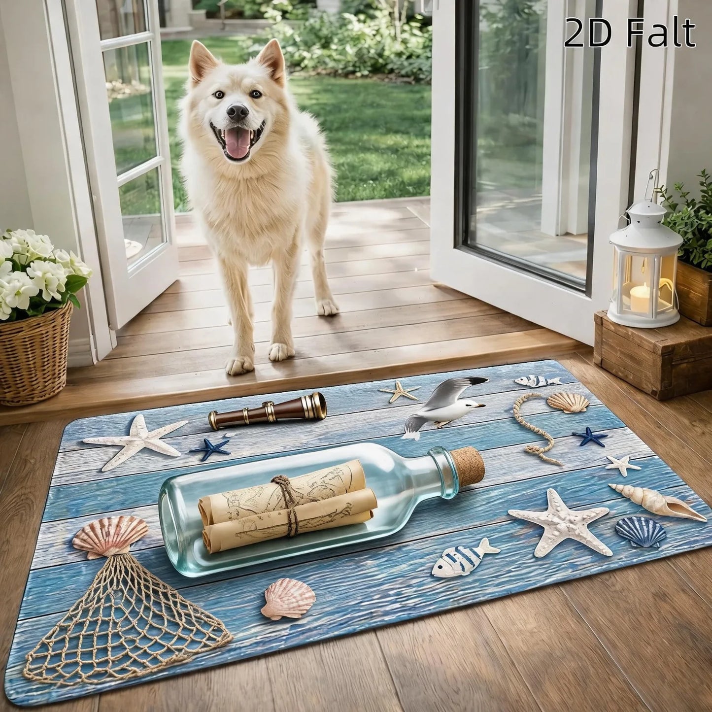 1pc Flat Printing Flannel Material Door Mat, Ocean Style Lighthouse Anchor Starfish Floor Mat, Durable and, Machine Washable, Universal Entrance Doormat Kitchen Foot Mat, for Living Room Bedroom Office Bathroom Balcony Hallwa