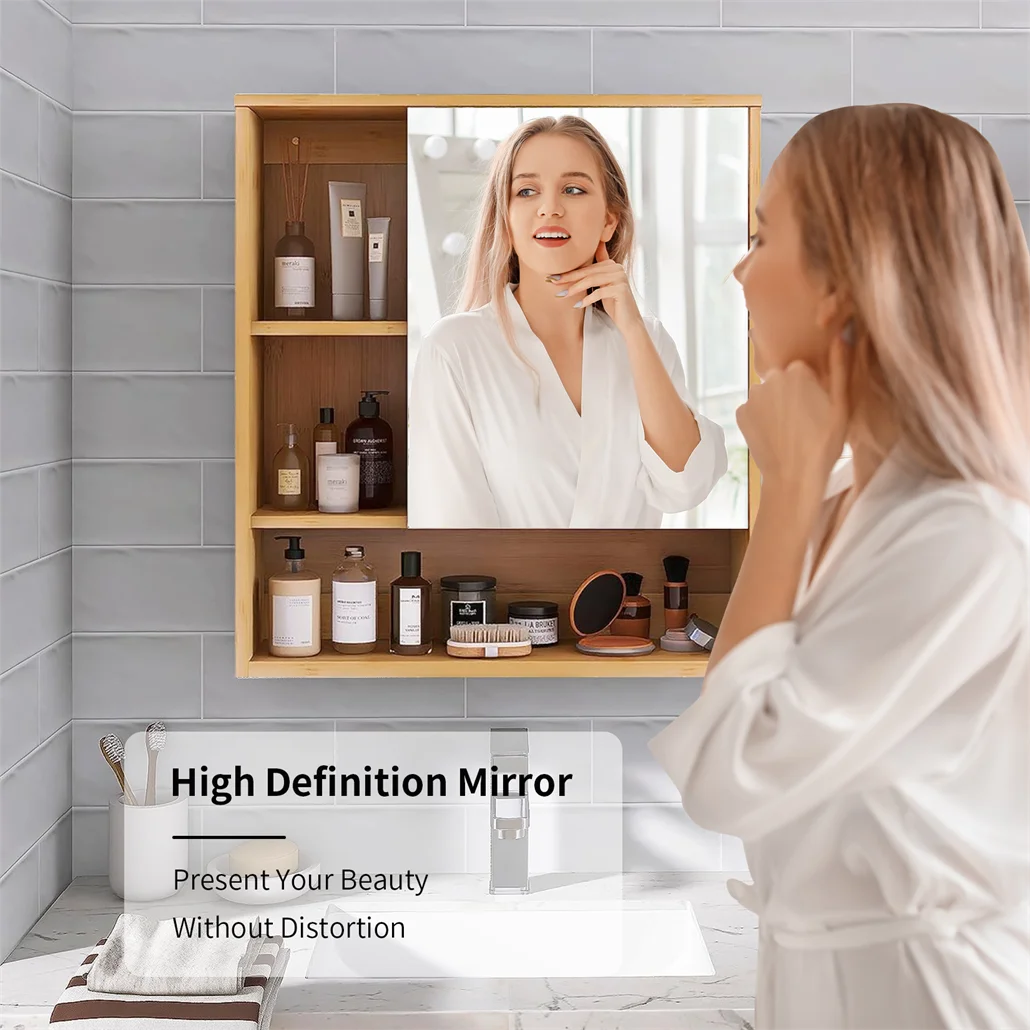 Wall Bathroom Cabinet with Mirror Door Bamboo Medicine Cabinet Storage Organizer