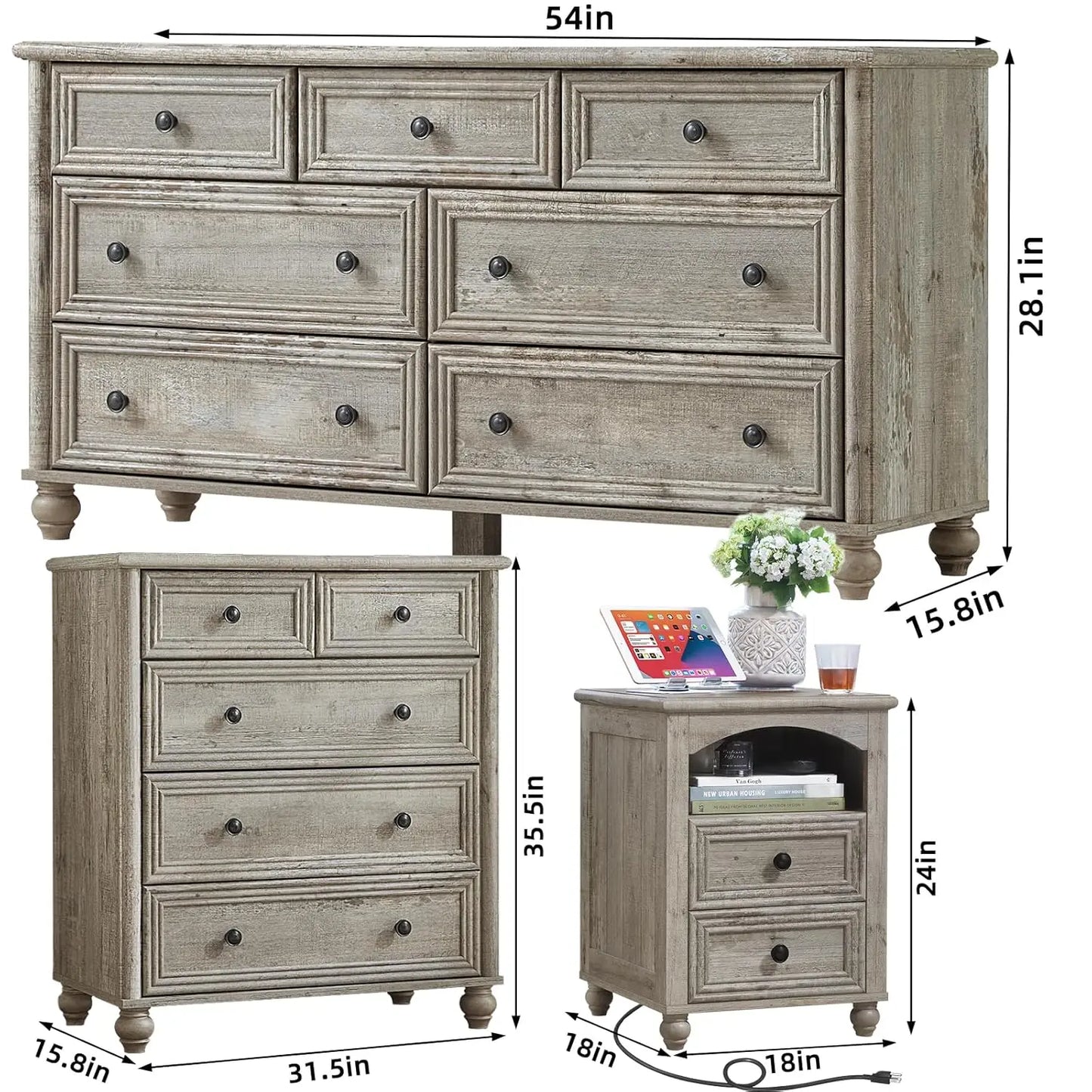 Farmhouse Wood Dresser And Nightstand Three Piece Bedroom Set