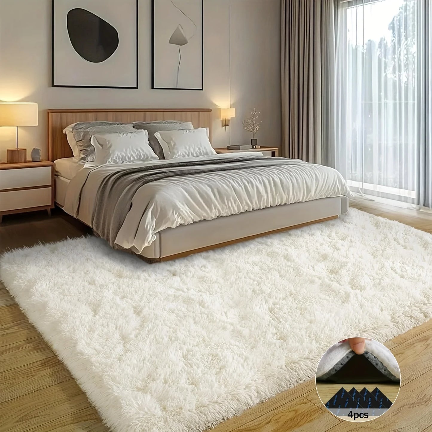 Off White Soft Shaggy Non Slip Rug For Living Room