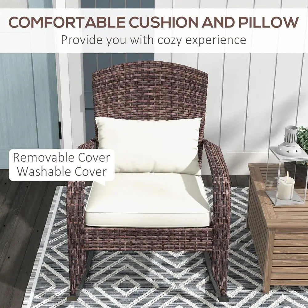 Outdoor Wicker Adirondack Rocking Chair, Patio Rattan Rocker Chair with High Back, Seat Cushion, and Pillow or Garden, Porch, Ba