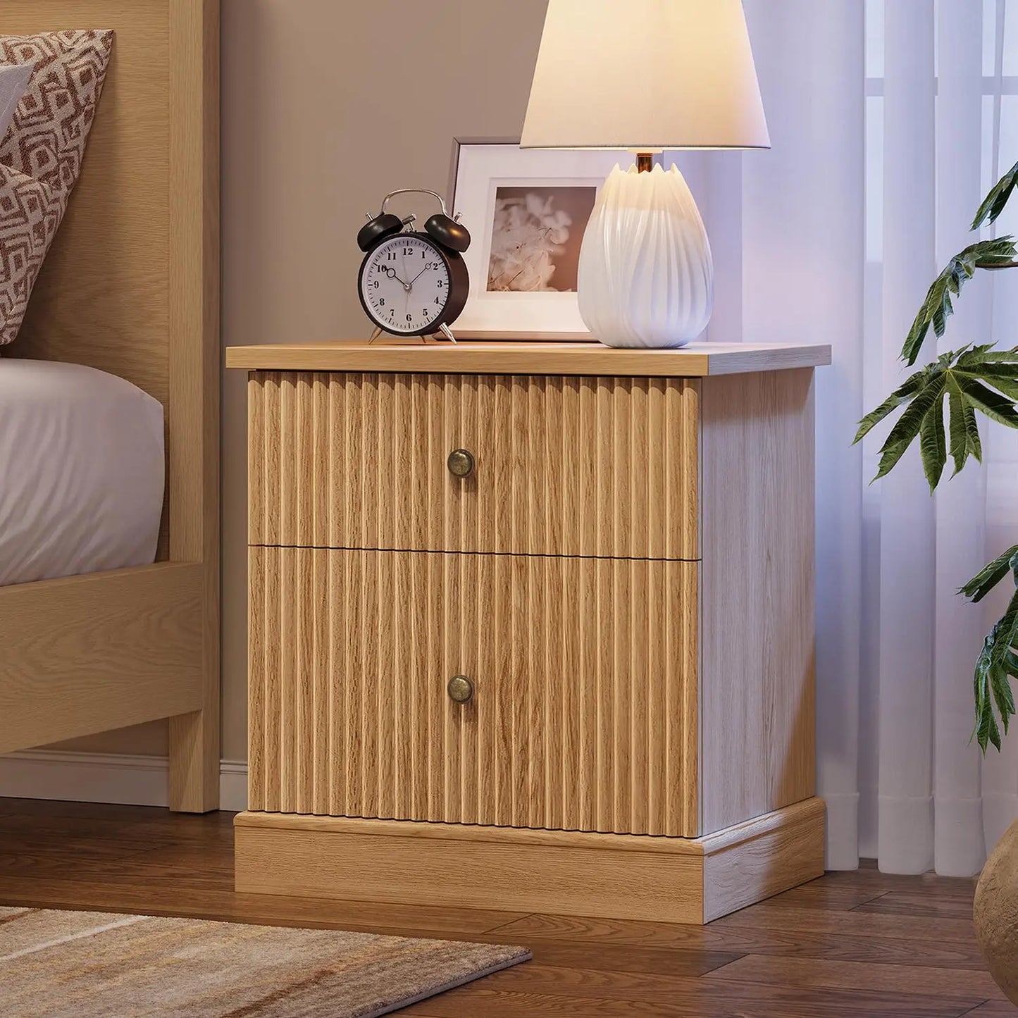 Fluted Nightstand With Drawers, Mid-Century Modern Bedside Table, Slim Storage Cabinet With Heavy-Duty 125 Lb Top For Bedroom