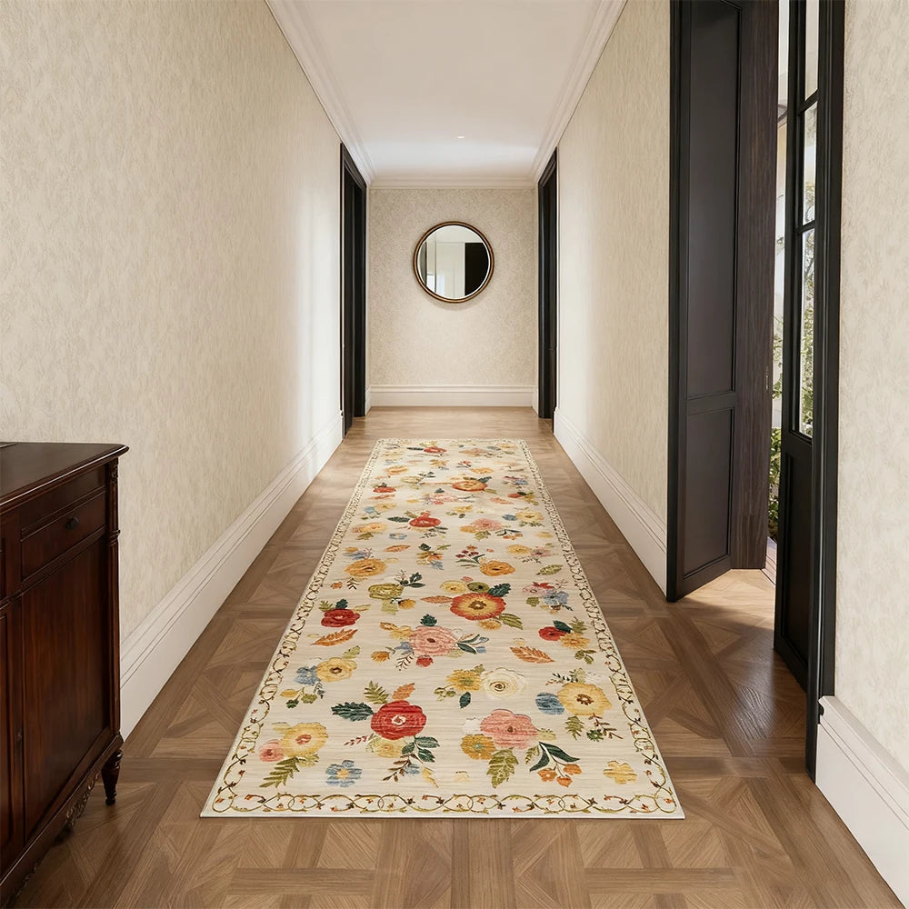 Area Rug Kilim Boho Floral Polyester Machine Washable Low Pile
