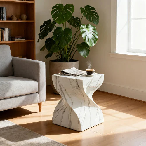 Modern Small Round Cement Outdoor Table - Faux Terrazzo Accent Table, Fits Patio as End Table & Indoor/Outdoor as Tree Stump Dru
