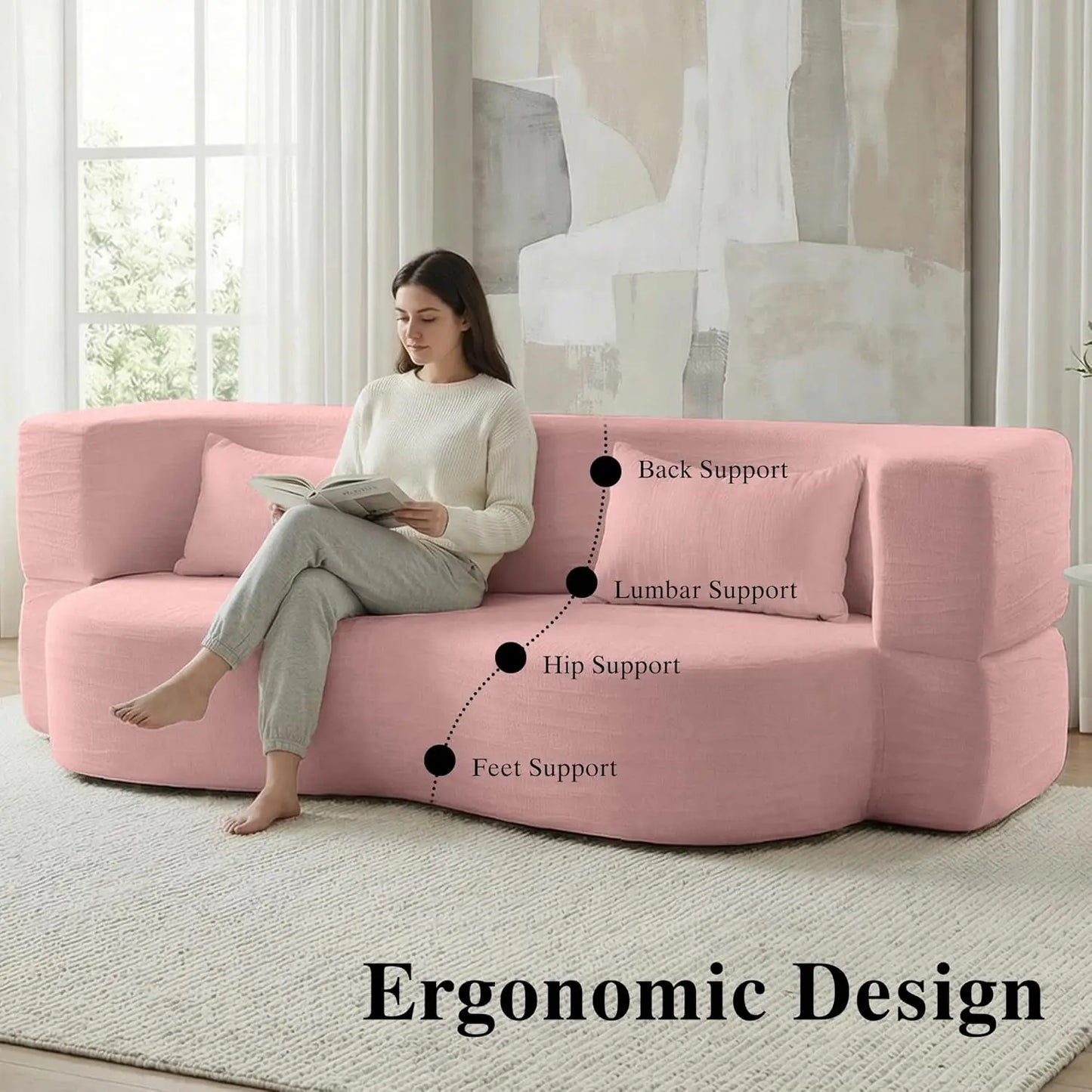 Convertible Sofa Bed 2-In-1 Teddy Fabric Loveseat With Pillow