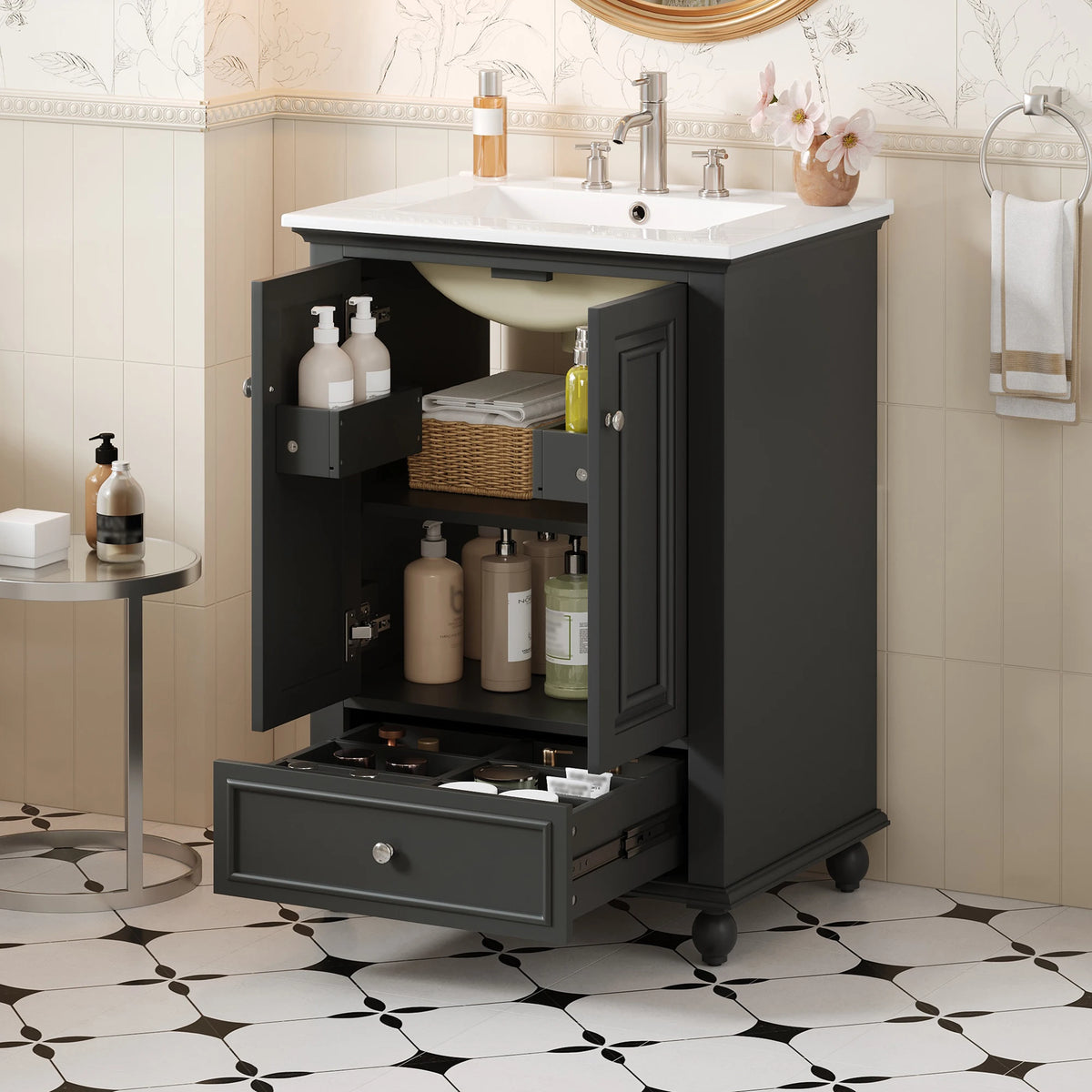 French Vintage Freestanding Bathroom Vanity With Ceramic Sink Storage
