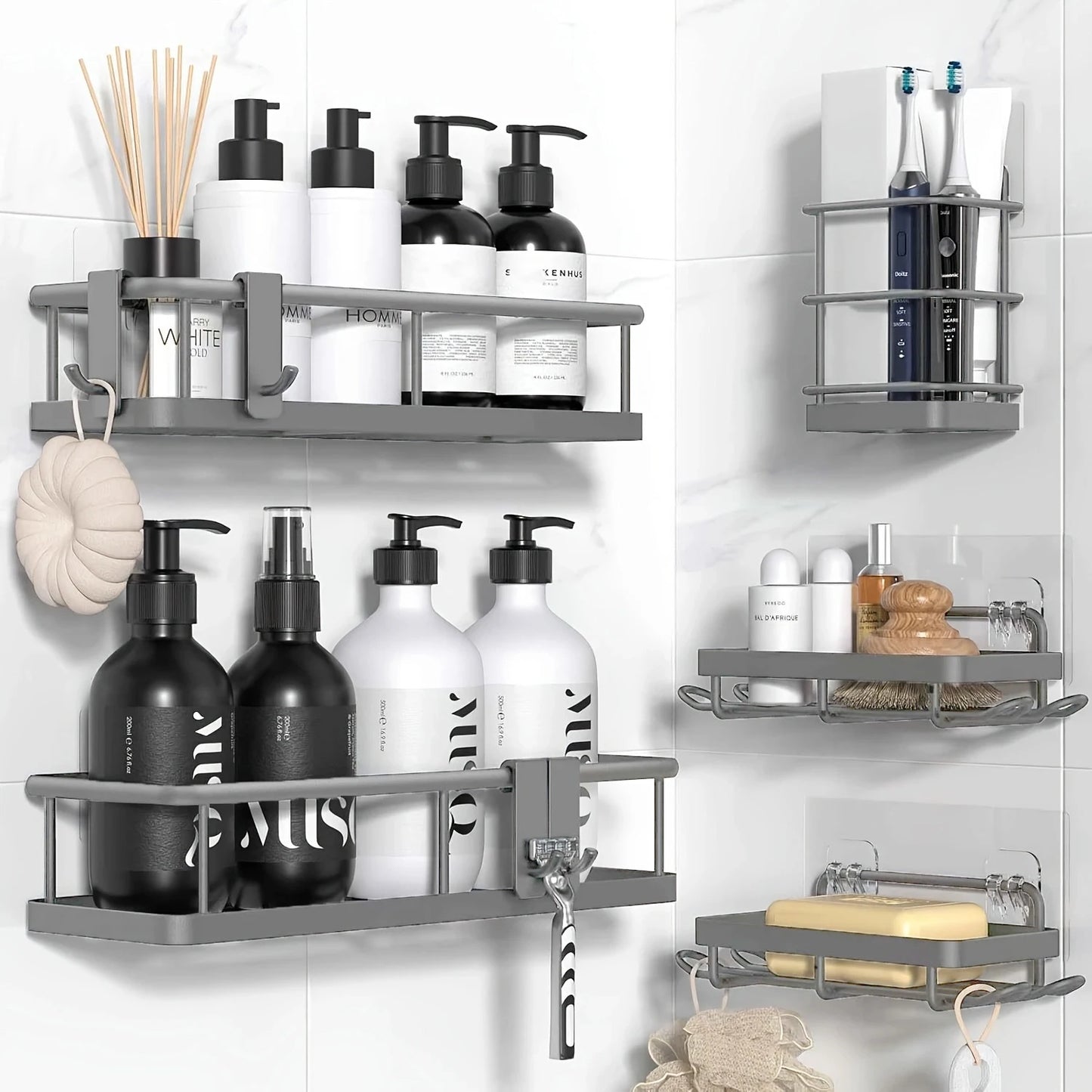 Shower Caddy Adhesive, No Drill Bathroom Shower Organizers, with Removable Hooks, Rust Proof Shower Shelves, Wall-Mounted Shower Holder