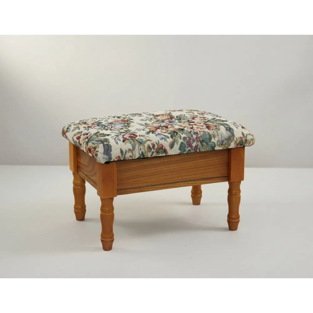 Elegant Queen Anne Style Storage Ottoman Footstool With Floral Embroidery
