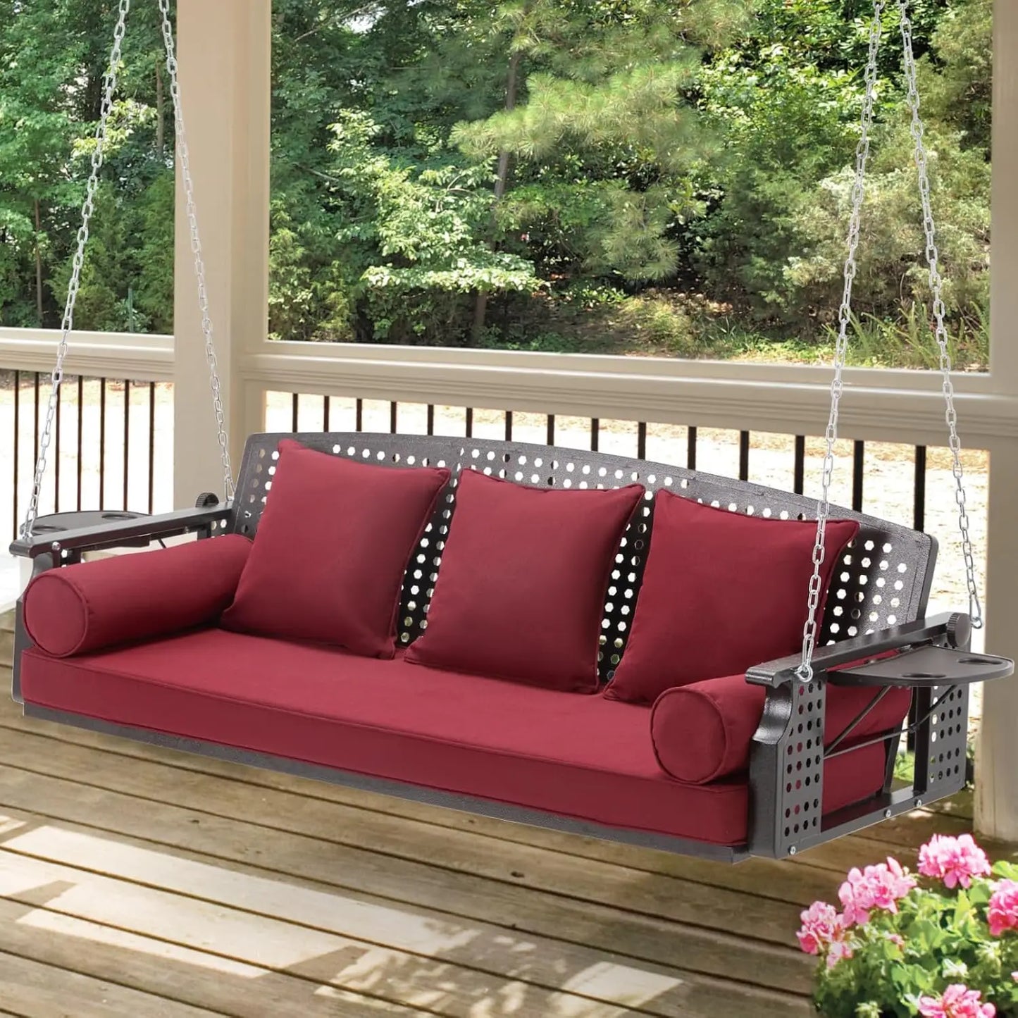 Three Seater Porch Swing With Cup Holders And Cushions