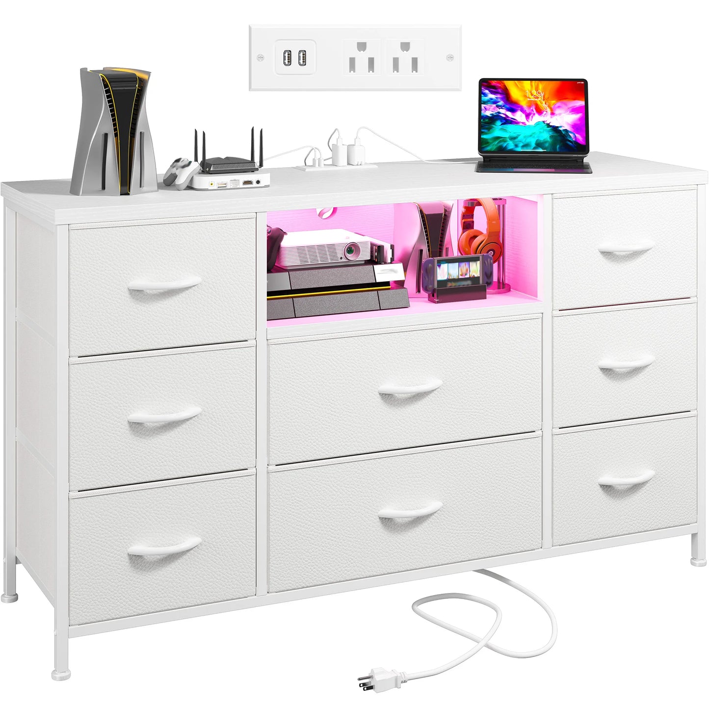EnHomee 8-Drawer Media Dresser With LED Lighting And Built-In Charging