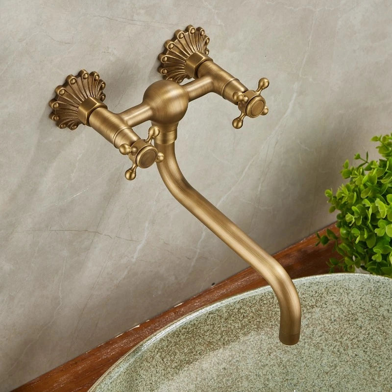 Brass Antique Wall Mounted Washbasin Faucets Double Handle Double Hole Rotatable Wall Mounted Retro Hot and Cold Faucet
