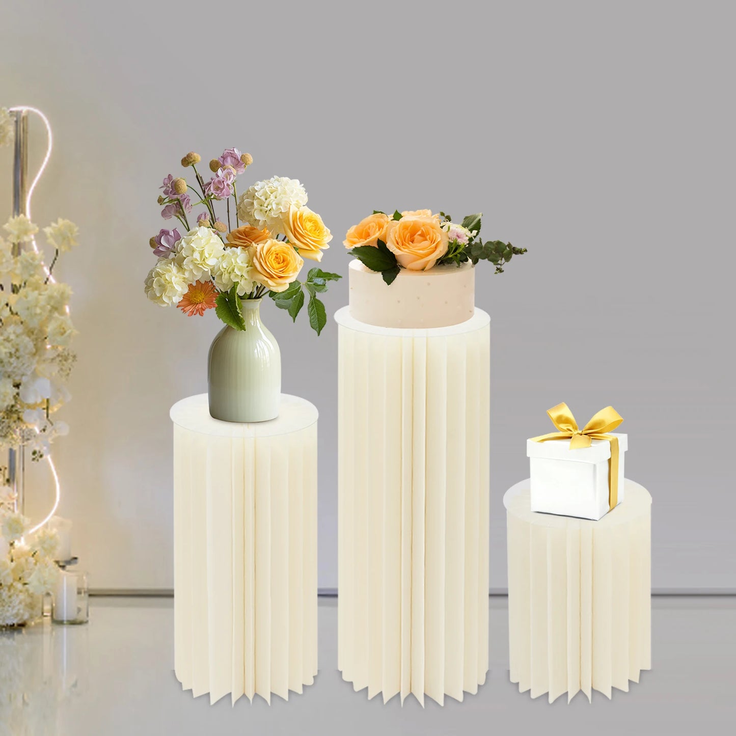 3pcs Foldable Cardboard Flowers Stand,Milky White Round Cylinder Centerpiece Display Stand, for Wedding Party Garden Decoration