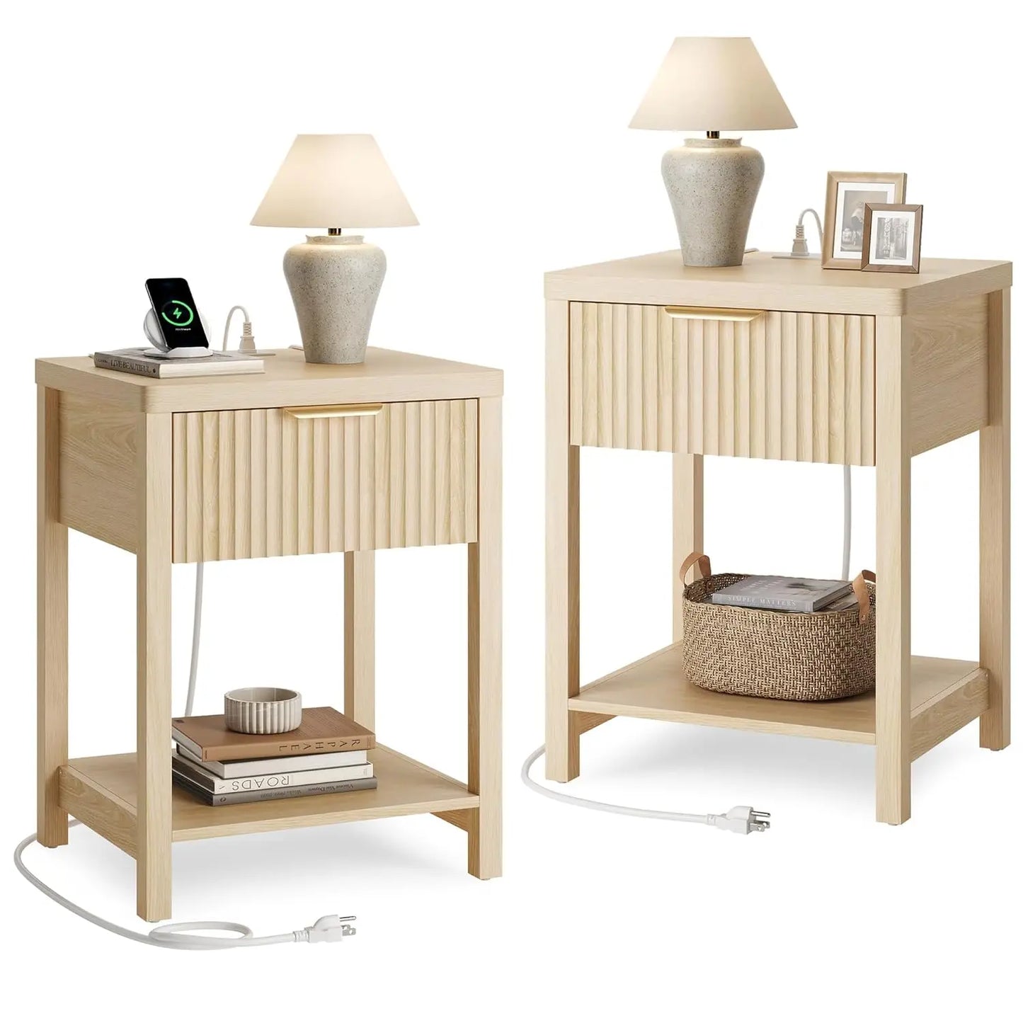 Night Stand Set 2, Fluted Nightstand with Charging Station, Wood Modern Bedside End Table with Storage Drawer for, Customized