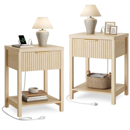 Night Stand Set 2, Fluted Nightstand with Charging Station, Wood Modern Bedside End Table with Storage Drawer for, Customized