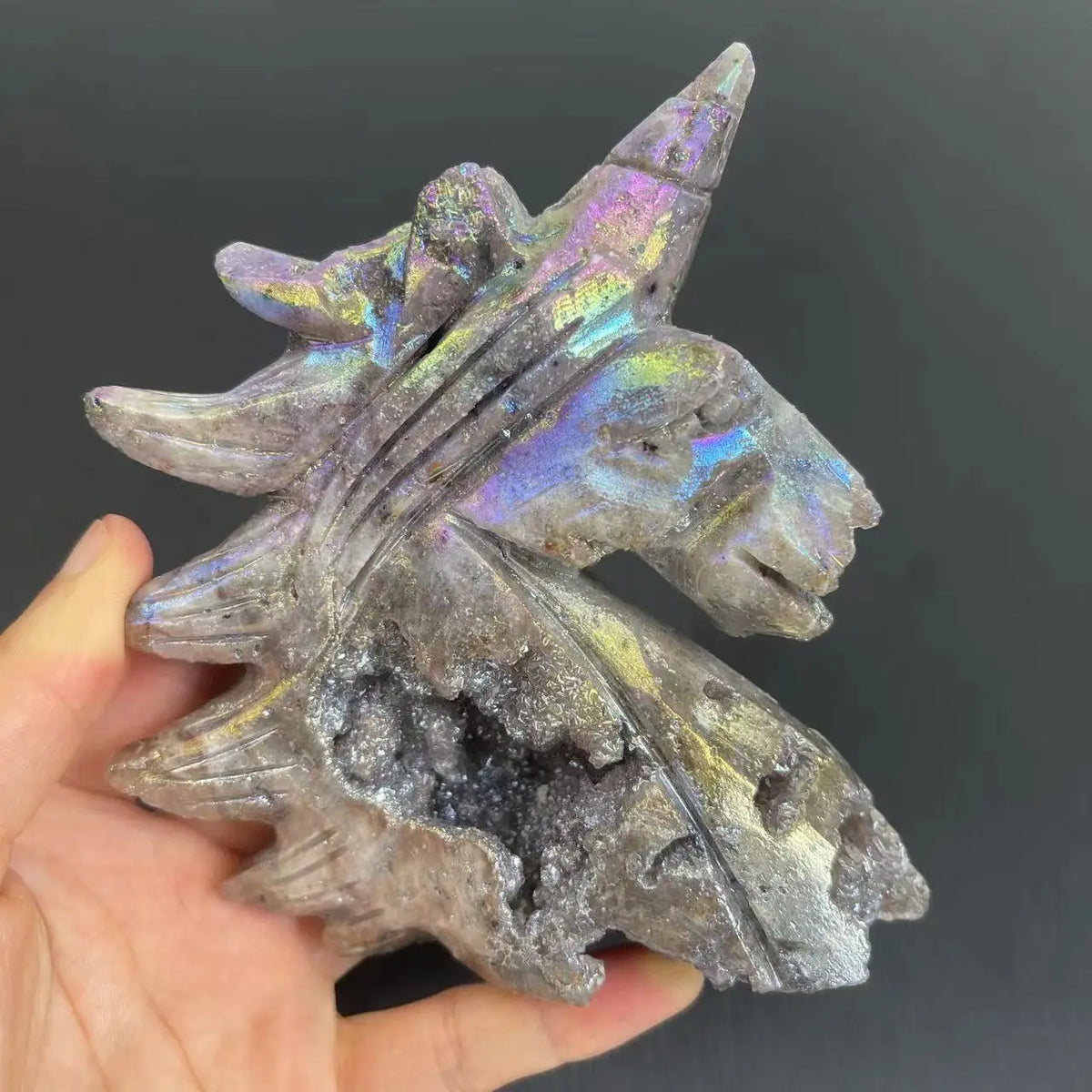 Natural Sphalerite Drusy Unicorn Statue Reiki Healing Feng Shui