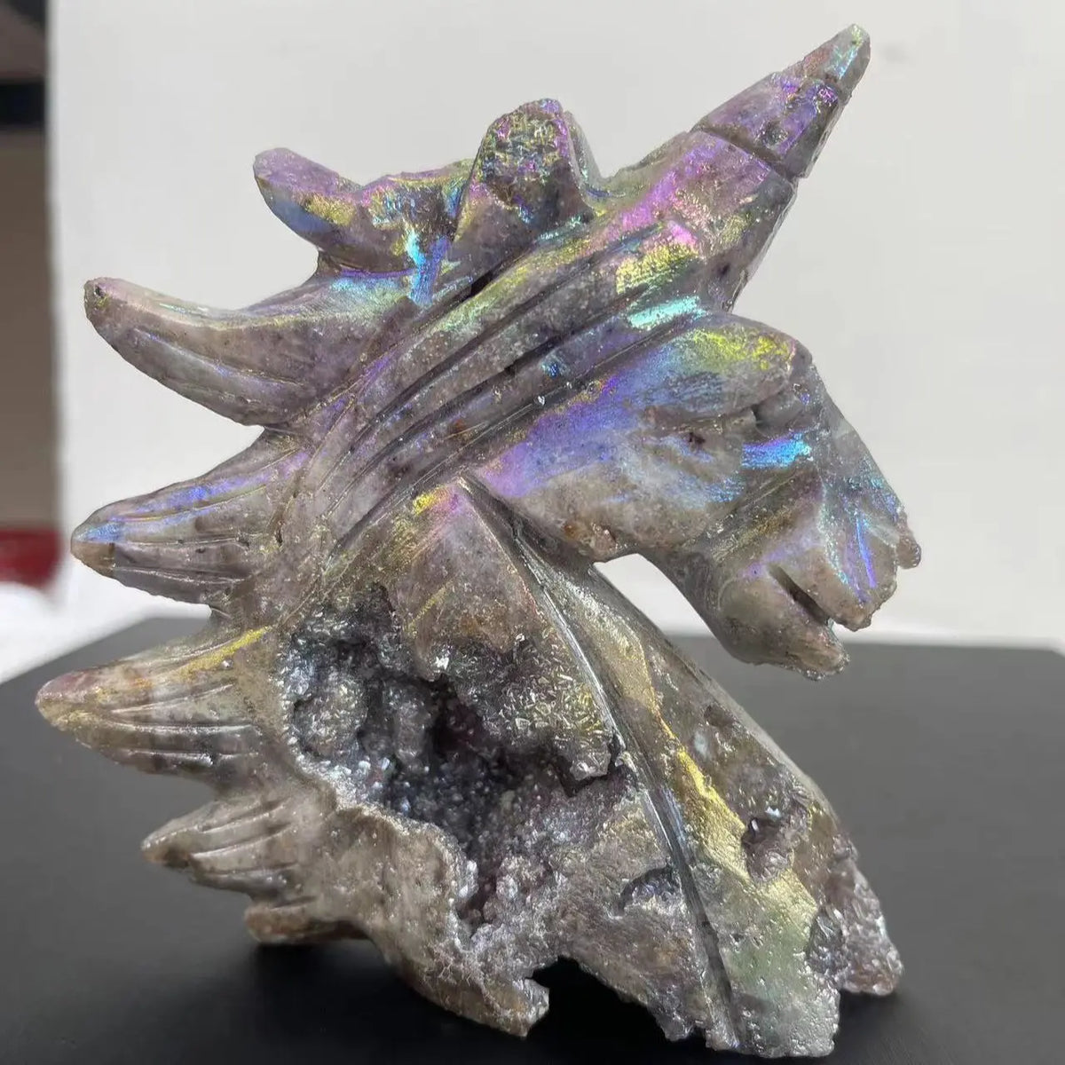 Natural Sphalerite Drusy Unicorn Statue Reiki Healing Feng Shui