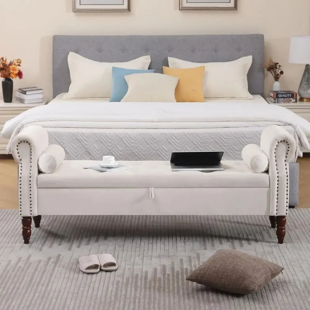 Velvet Storage Bench With Arms Upholstered Ottoman For Bedroom And Living Room