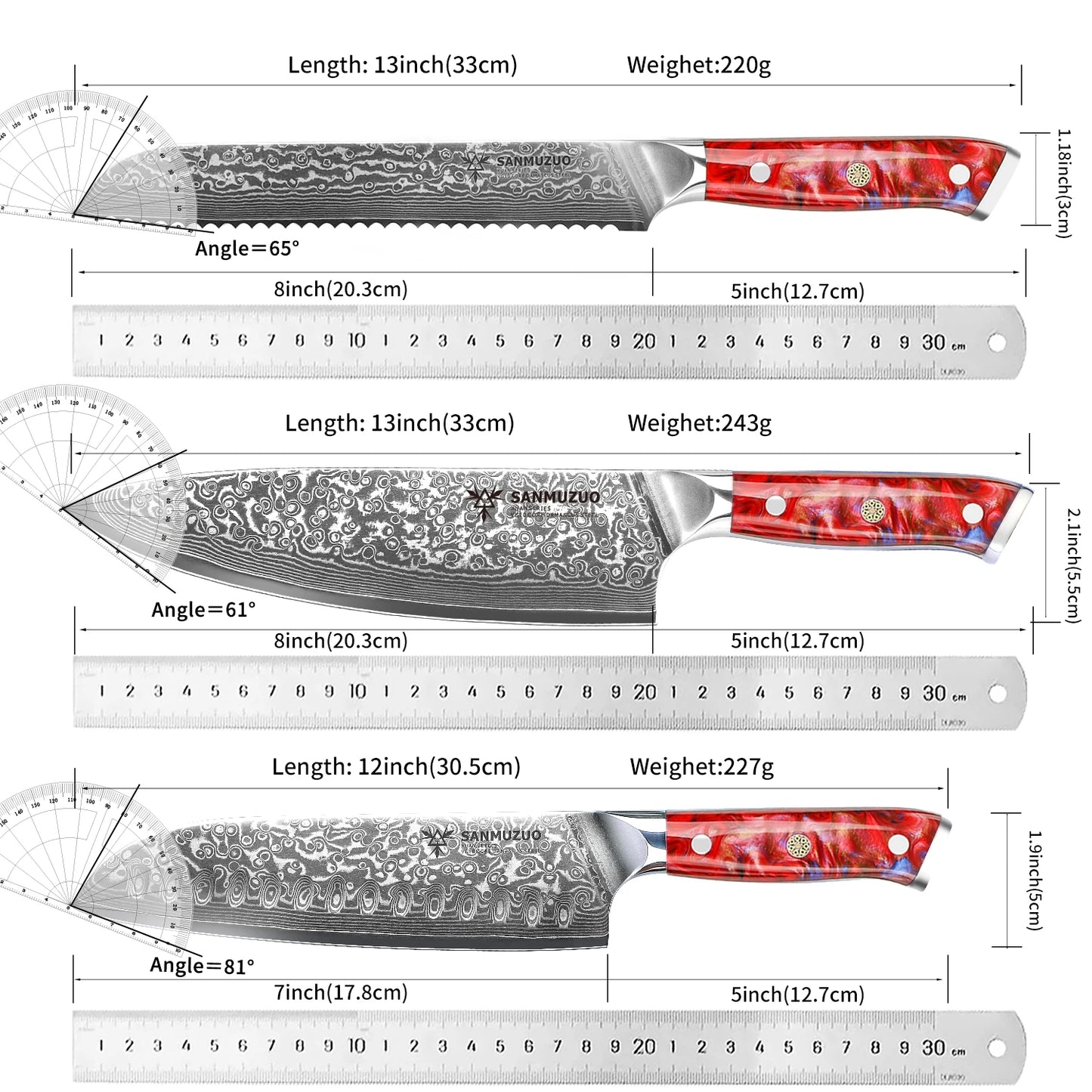 SANMUZUO Damascus Kitchen Knife Set With Resin Handles