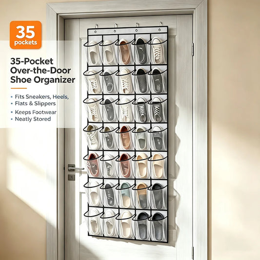 Over The Door Hanging Shoe Rack Organizer Equipped with 24/35 Large Breathable Mesh Storage Pockets, Multifunctional Space Saving Closet Shoe Holder for Household Shoe Storage