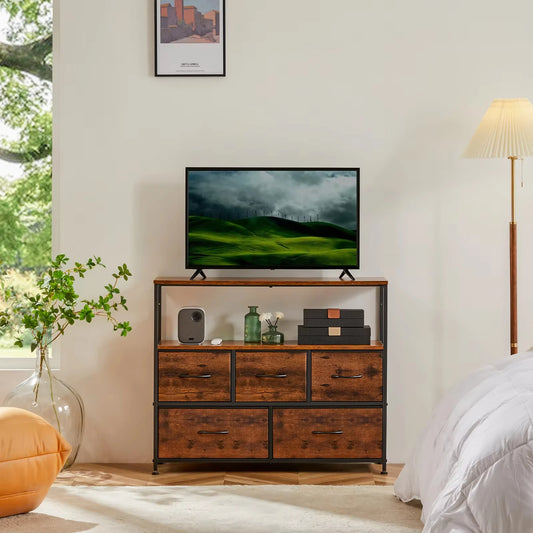 JHK Fireplace TV Stand Dresser With Fabric Drawers Storage Cabinet
