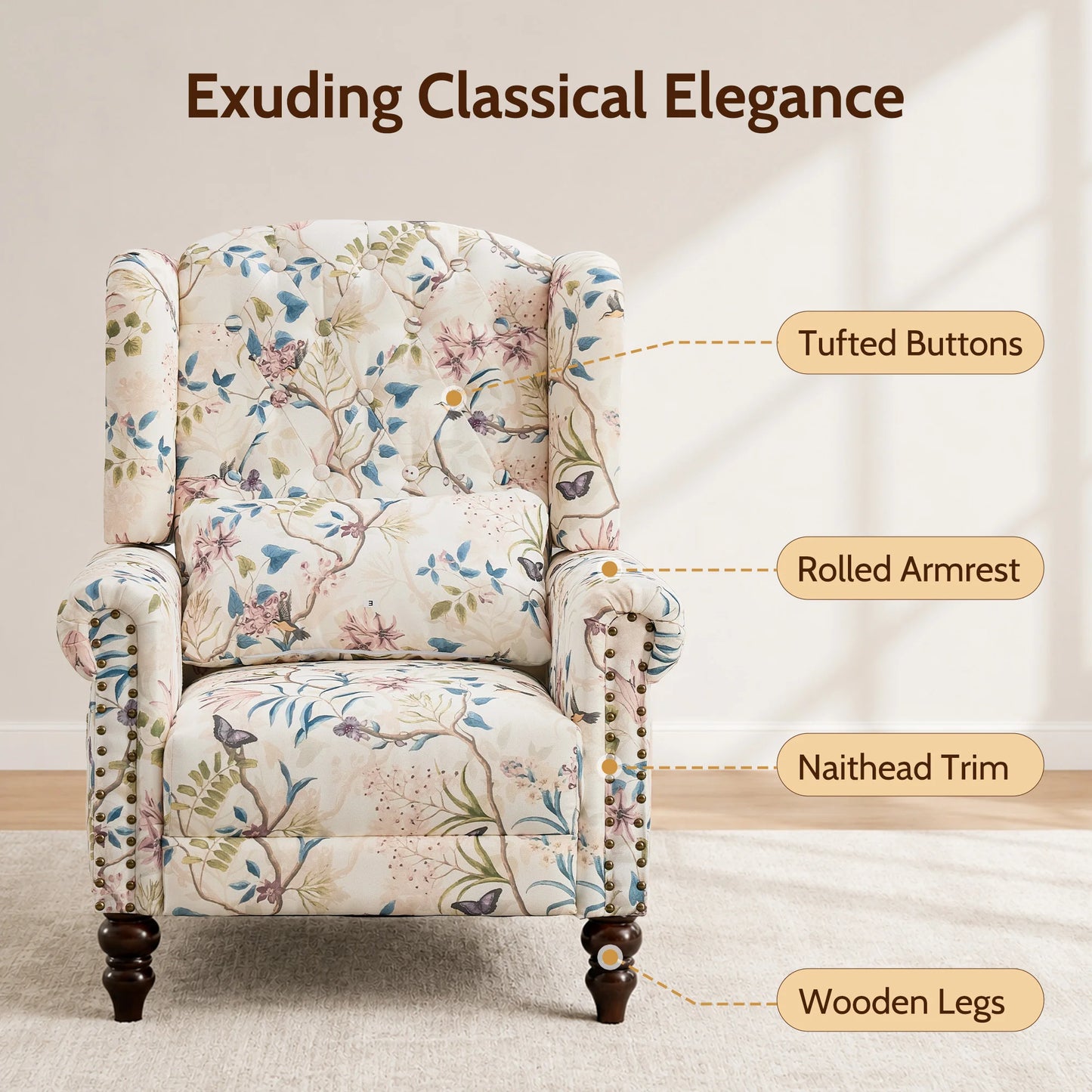 TCGBKAF Vintage Floral Wingback Club Accent Chair with Arms Mid-Century Modern Armchair Fabric Upholstered Mid Back Single Sofa Chair for Home
