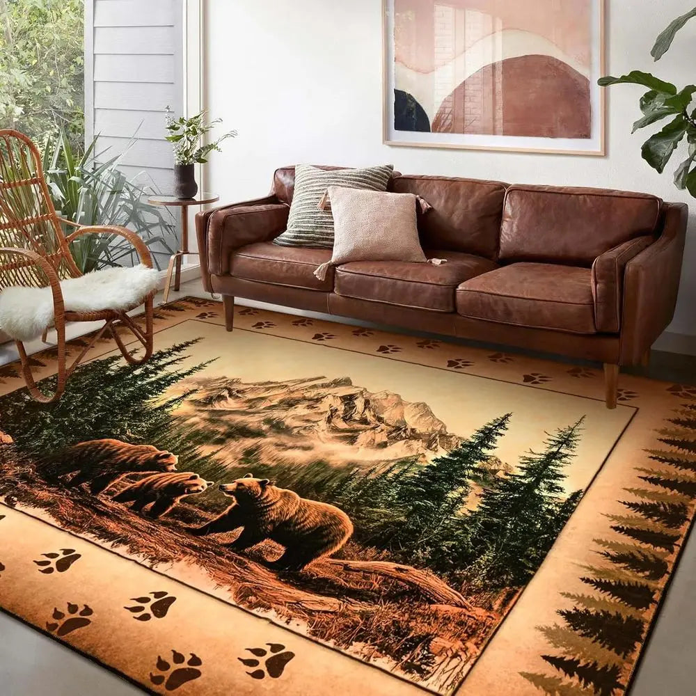 Farmhouse Wildlife Area Rug With Bear Moose Deer Wool